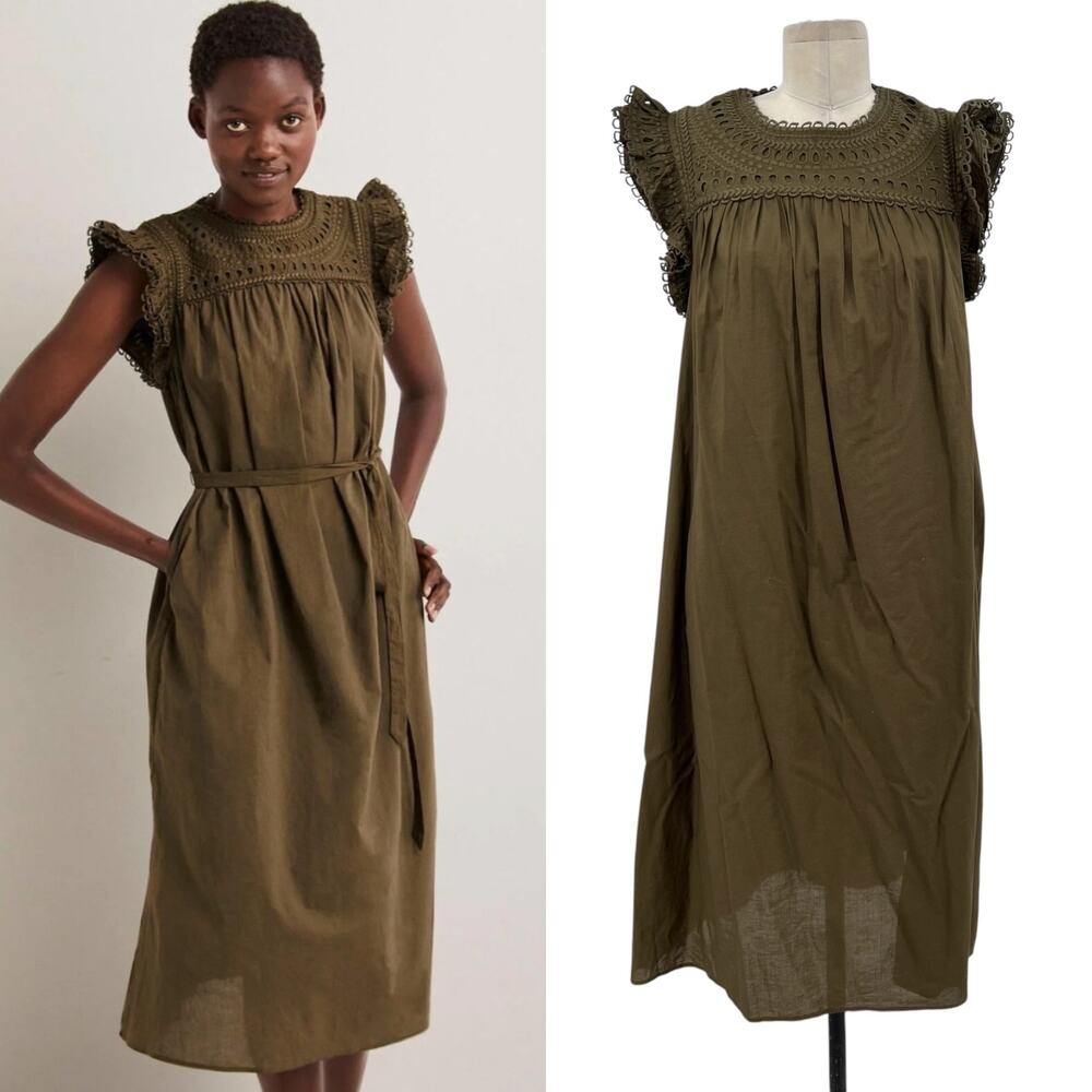 Boden Broderie Detail Midi Dress Eyelet Cotton Olive Green Size US 8P Petites